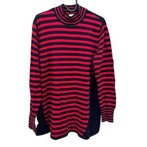 Susan Graver Womens Stripe Pullover Sweater L Mock Turtleneck Navy Red cotton